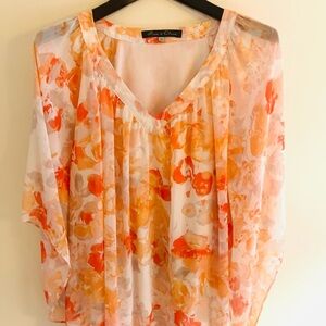 Rose + Olive Top Women’s Top 3X Red Orange Cream Floral  Boho Peasant Lined